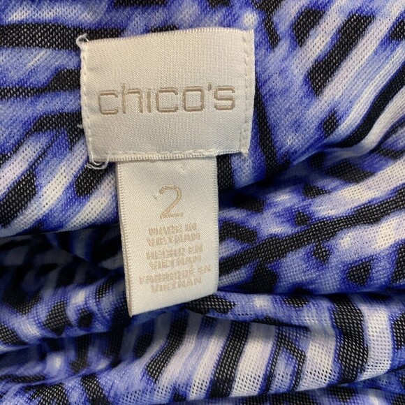 Chico's Womens Size Large Blue Black White Printed Mesh Overlay Nylon Blouse - Picture 4 of 6